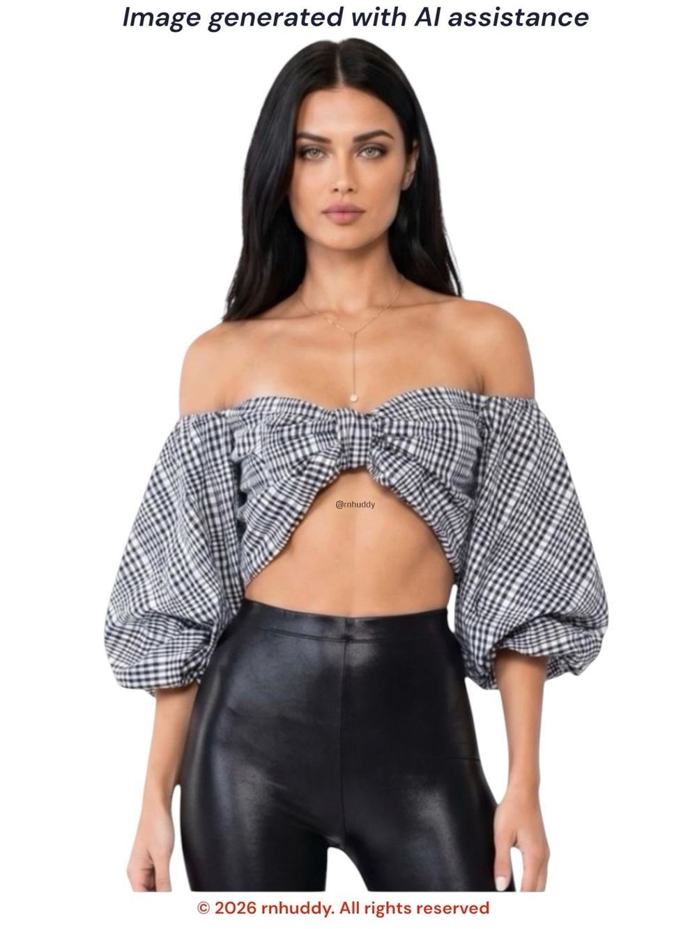 Etophe Studio S black white checkered crop top with puff sleeves